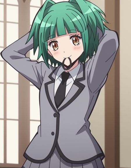score_9, score_8_up, score_7_up, source_anime, <lora:kaede-kayano-s1s2-ponyxl-lora-nochekaiser:1>, kaede kayano, short hair, bangs, brown eyes, yellow eyes, green hair, hair intakes, anime screencap,, blazer, grey blazer, school uniform, pleated skirt, necktie, grey skirt, black necktie, white shirt, collared shirt, long sleeves,, mosque, dome, prayer, holy, architecture, smile, <lora:hair-tie-in-mouth-ponyxl-lora-nochekaiser:1>, hair tie in mouth, hair tie, mouth hold, rubber band, blush, tying hair, adjusting hair, hands in hair, arms up, arms behind head, ponytail, hand in own hair, hair lift, cowboy shot, looking at viewer, looking at viewer, solo,, dutch angle, cowboy shot