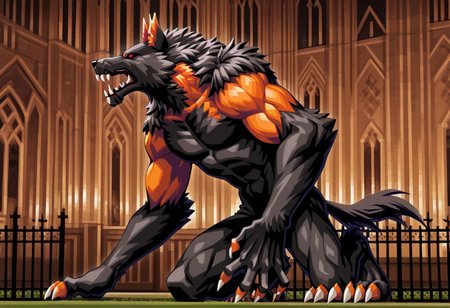 score_9, score_8_up, score_7_up, score_6_up, score_5_up, score_4_up, high quality, (detailed eyes:1.5), (detailed face), ((perfect face)), master piece, best high quality, ultra details, intricate details, male focus, detailed body, detailed background, perfect anatomy, masterpiece, high quality, best quality, amazing quality, very aesthetic, absurdres, Werewolf_CPoR, black fur, orange fur, werewolf, howling, church background, claws