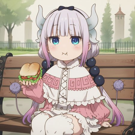 score_9, score_8_up, score_7_up,  masterpiece, best quality, good quality, newest, detailed background, uncensored, 1 girl, Kanna_Kamui, 
blue_eyes, slit_pupils, pink_hair, low_twintails, long_hair, blunt_bangs, gradient_hair, flat_chest, dragon_horns, tail, hair_beads, black_hairband, hair_bow, black_bow, frilled_dress, pink_dress, frilled_capelet, fur-trimmed_capelet, white_capelet, white_thighhighs, puffy_long_sleeves, pink_sleeves
park, bench, sitting on bench, eating sandwich