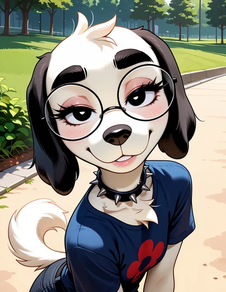 masterpiece, best quality, very aesthetic, absurdres,
outdoors, 
t-shirt, 
headshot, face focus,
 seductive smile, parted lips, long eyelashes,
<lora:Molly_v01_NAIXL:1>
Molly,1girl,solo,furry,furry female,dog girl,dog ears,black eyes,thick eyebrows,round eyewear,snout,animal nose,spiked collar,body fur,white fur,dog tail,