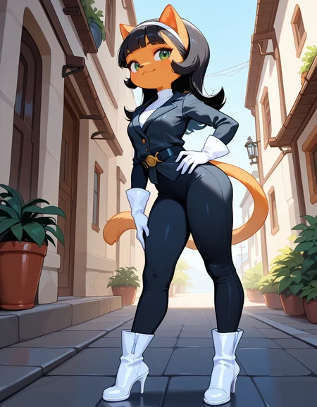 masterpiece, best quality, very aesthetic, absurdres,
outdoors, posing, 
white gloves, white high heel boots, black pants, black jacket, long sleeves, 
<lora:Kitty_Katswell_v01_NAIXL:1>
K1tty_Kat6w3311, 1girl, solo, furry, furry female, animal ears, long hair, black hair, hairband, blunt bangs, flipped hair, green eyes, animal nose, body fur, orange fur, cat tail,