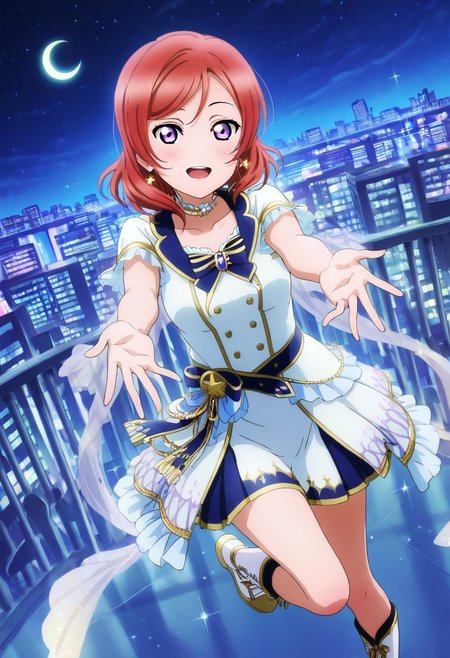 masterpiece, best quality, solo, 1girl, aged up, happy, 
 maki_nishikino, nishikino_maki, short hair, red hair, purple eyes, starlight-themed idol outfit, navy and silver dress, shimmering cape, star earrings, metallic boots, rooftop stage under a starry sky, crescent moon glowing above, city lights twinkling below, reaching pose, calm and radiant performance
