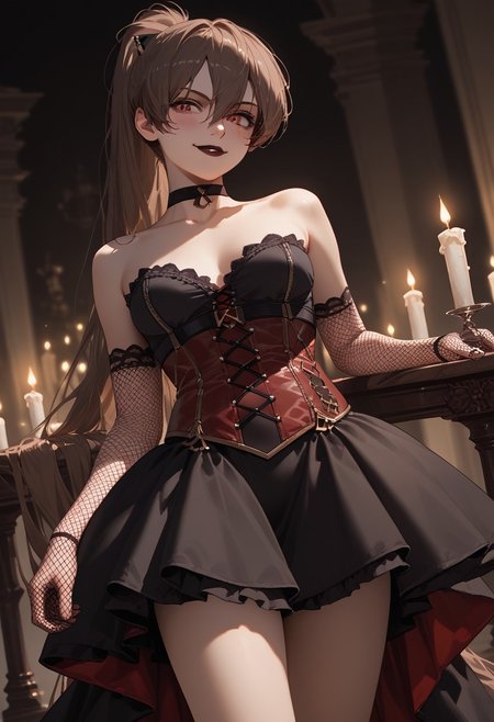 score_9, score_8_up, score_7_up, score_6_up, masterpiece, best quality, absurdres, cinematic, dynamic angle, perfect composition, solo, 1girl, medium breast, jean bart, red eyes, brown hair, very long hair, high ponytail, bangs, hair between eyes, hair bow, black choker, lace corset, black choker, velvet skirt with high slit, dark lipstick, fishnet gloves, candles, victorian furniture, mysterious smirk, moody lighting, smile, blush, looking at viewer,