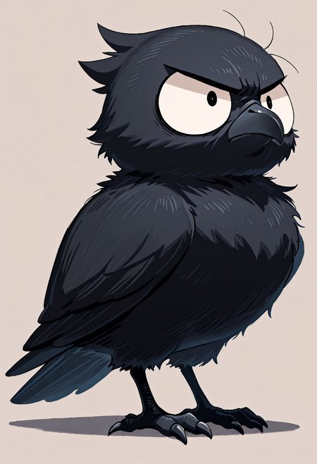 masterpiece, best quality, simple illustration, 1crow, full body,  huge eyes, loocking away, side view, cartoon, no human,  grumpy, fluffy, small, cute,