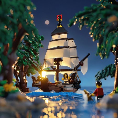 novuschroma53 style, tiny pirate ship at bay, island at night with lego pirates  <lora:novuschroma53 style:1> 