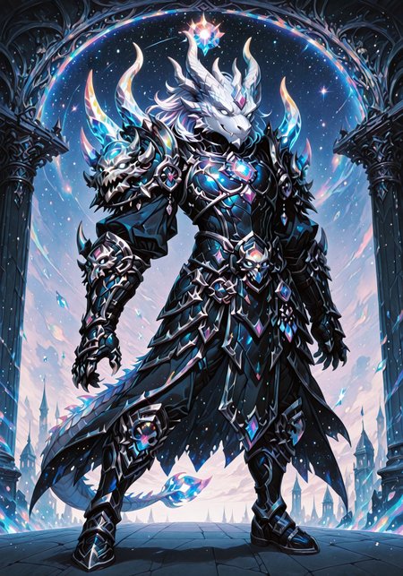 masterpiece, best quality, ultra-detailed, absurdres, 64K, high resolution, concept art, official art, illustration, fantasy illustration, very aesthetic, highly detailed, beyond intricately detailed, stylized, stunning, smooth quality, colorful, digital artwork, abstract, HDR, raytracing, high contrast, dramatic shadows, depth of field, particle effects, glow, ornate design, sharp focus,  highly detailed face, (full body:1.2), character-focused scene, vanishing point, BREAK, 

(Dutch angle, atmospheric perspective, G0thicL1nes), 

(1male, dragonborn /(dnd/), thedarkurge, extremely buff, furry dragon, iridescent white dragon horns, Black spiky hair and dragon mane, iridescent white dragon tail, iridescent shimmering white scales, glowing white eyes, smile with fangs, serrated black god-like armor with soft white glowing highlights, (no helmet), cosmic black shoulders adorned with glowing white dragon skulls, black armored boots, black armored gloves with protruding serrated white glowing claws, action-combat stance, dynamic pose:2), (inside the ruins of a desolate city), 




