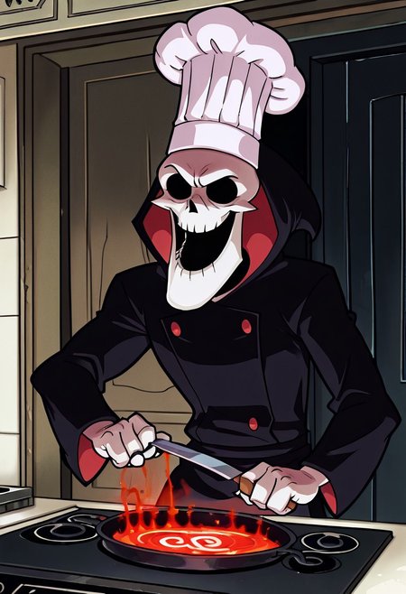 Masterpiece, best quality, highly detailed, Gr1m, RPR, solo, anime style, Grim reaper, chef hat, cooking, kitchen background, stove, close up, "SNAP, CRACKLE, POP IN THE POISON!" in bright red letters above a laughing Grim reaper