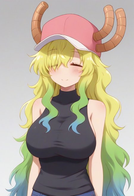 source_anime BREAK solo, 1girl,female, lucoa, blonde hair, blue hair, dragon girl, gradient hair, green hair, hair between eyes, horns, horns through headwear,pink hat, hair over eye, black tight tanktop,,closed eyes,<lora:Elbow_Squeeze__Concept_Lora-000007:1>,