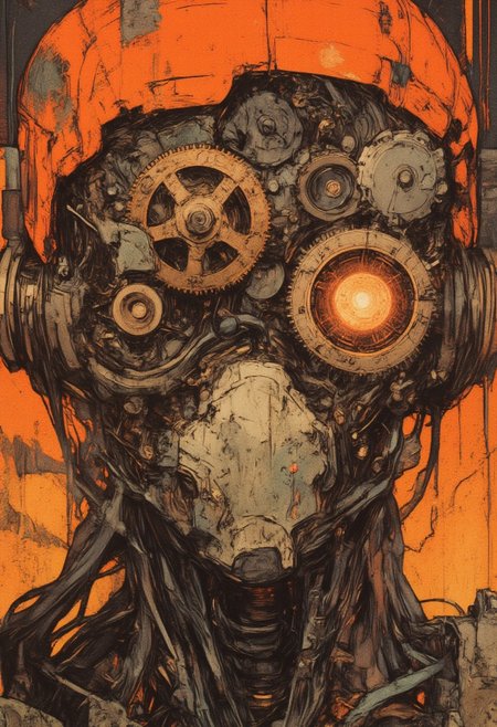 A highly detailed, ultra-detailed, masterpiece artwork, HD, 8K quality, featuring an orange-hued cyborg with a face constructed from intricate wheels, interlocking steampunk gears, and polished metal plates. The gears interconnect seamlessly, forming a symmetrical, mechanical visage with glowing amber eyes that radiate a faint, fiery light.