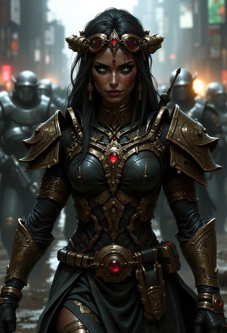 "a female indigenous straight Black hair, tribal paints, Green eyes, dirty with Ashes,  high tech military googles, wear a Power armor with aztec elements, marching in a warzone in grotesque world, her Power armor have a Ruby gem as energy generator, in his hands a high tech big m4a1 with grenade launcher