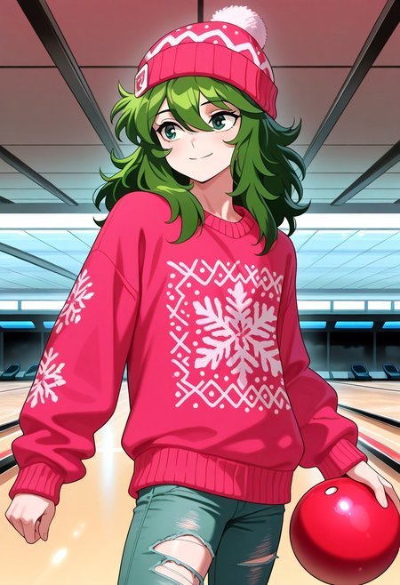 masterpiece, best quality, amazing quality, very aesthetic, absurdres, newest, view from the side, ANDROMESHUN, SHUNPLAIN, 1boy, slim, slender figure, long wavy green hair, green eyes, bowling alley, holding bowling ball, pink christmas sweater, torn pants, cyan beanie, smile
