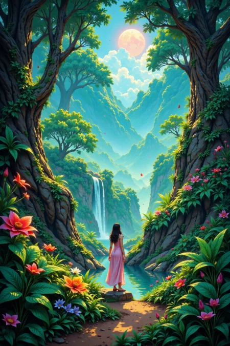 tropical jungle beautiful anime landscape, morning, woman, very intricate, very detailed, sharp, bright, colorful, <lora:Hand v2:0.5> <lora:Anti-Blur:1><lora:Insane Detail Slider:0.25>  <lora:flux.1_lora_flyway_Epic-detail_v2:0.3> <lora:fluxenhancer:0.25> <lora:ROWER:0.6> <lora:flux-charmer-v1-1:0.4> <lora:Colorful_Fantasy_Art_for_FLUX:1> fantasy art