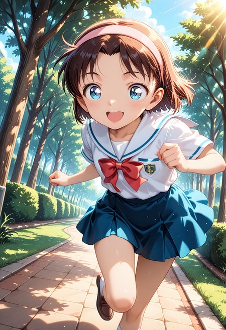 1girl, solo, masterpiece, best quality, newest, absurdres, CG, anime, source anime, illustration
1girl, solo, yoshida ayumi, short hair, hairband, child
hairband,school uniform
dynamic pose, running, chasing a kitty, smiling, open mouth
outdoors, park, grass, day, sunny
light particles, dynamic angle,  cinematic angle, various angles, detailed background, beautiful background, (rays light:1.0),(grow:1.0) vivid colors, shiny and glossy, anime style, high-res, beautiful aesthetic, very intricate, high-quality details, vibrant, 
<lora:add-detail-xl:1.10> <lora:spo_sdxl_10ep_4k-data_lora_webui:0.95> <lora:noobai_ep11_stabilizer_v0.138_fp16:0.6> <lora:StS-Illustrious-Detail-Slider-v1.0:1.10> <lora:cfg_scale_boost:0.95> <lora:nyalia:0.20>  <lora:Yoshida Ayumi IL:1>