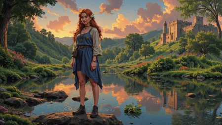 dutch braid orange hair young woman, druid, anime, illustration, extremely detailed, portrait, standing, happy smile, flower in hair, glossy lipstick, celtic necklace, j-hoop earrings, loincloth, sandals,  Malibu Blue druid short dress, legs, sharp focus, fantasy, celtic landscape, small rock, moss, ripples, reflections, celtic  castle, small river pond, druid forest, druid village, stunning nature environment, enchanted land, clovers, Bright Aluminum flowers, best quality, colorful, wet floor, bright sunny sky, sunset, raytracing, hdr, high contrast, ethereal natural lights, backlight, lens flare, shadows, vibrant colors, colorful, pretty, beautiful, happy, smiling, feminine, sexy, lovely, in love, adorable, fashion,  <lora:Hand v2:1> <lora:Anti-Blur:1><lora:Insane Detail Slider:0.5>  <lora:flux.1_lora_flyway_Epic-detail_v2:0.3><lora:fluxenhancer:0.5> <lora:RetroAnimeFluxV1:0.4> <lora:Luminous_Shadowscape:0.4> <lora:SujatmikoArafuru_Flux:0.2> Suzume style