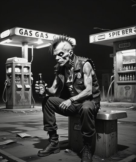 monochrome, An old punk drinks beer near an abandoned gas station <lora:Camera trap:1>, horror-themed, eerie, unsettling, dark, spooky, suspenseful, grim, highly detailed