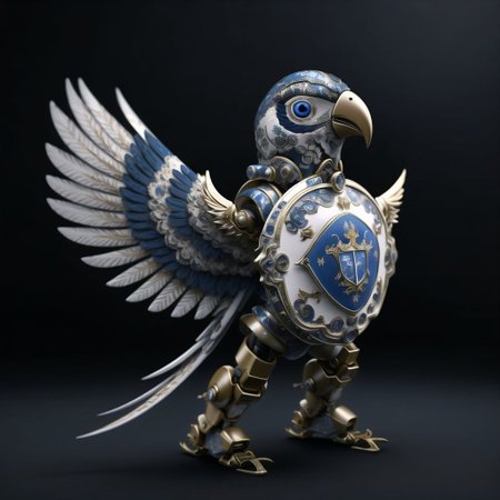 <lora:porcelain_gzhel:1.0>,  (porcelain, Gzhel, rococo:1.0), arm blade, blue eyes, grey background, highres, looking down, mecha, mobile suit, nanao parakeet, no humans, science fiction, shadow, shield, solo, v-fin, weapon