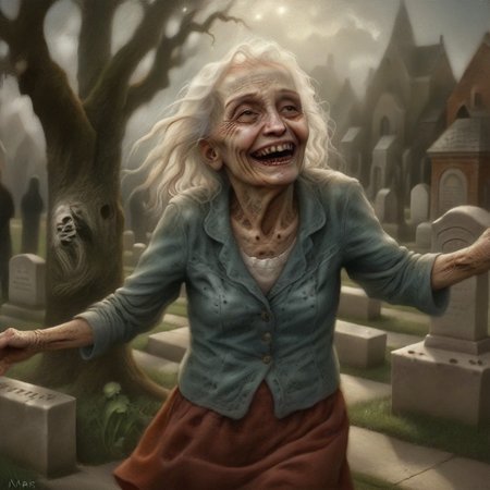 the old woman is actively dancing in the cemetery, a smile on her face, laughing.
rotten skin, by Chris Mars <lora:Chris_Mars:1> <lora:zkeleton:1>