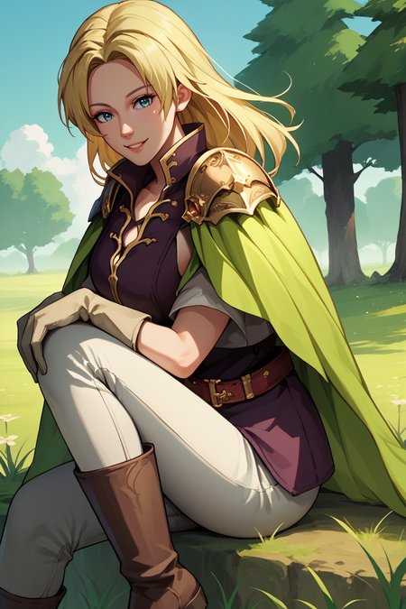 score_9, score_8_up, score_7_up, score_6_up, source_anime BREAK 1girl, solo,  <lora:fe8selena-pdxl-nvwls-v1-000005:1> feSelena, blonde hair, long hair, brown tunic, green cape, white gloves, shoulder armor, belt, white pants, brown boots, sitting, from side, holding own knees, looking at you, smile, big breasts, tree, field