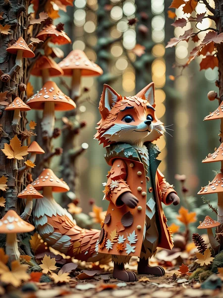 Papercraft mode, textured foliage, warm palette, era 2020s seasonal art, rustic attire, solo, woodland charm style, Rating SFW, a curious fox with a patterned coat explores an autumn forest full of falling leaves and mushrooms, ¬cut paper adds depth and softness to the warm landscape, golden hour filter.
<lora:dmd2_sdxl_4step_lora_fp16:1.0> , <lora:Expressive_H:1>, Depth of field, <lora:dark:0.1>, dutch angle,  <lora:aidmaFLuxPro1.1_v0.3_IL:1>,  aidmafluxpro1.1<lora:aidmaMJ6.1_v0.5_IL:1>, aidmaMJ6.1,