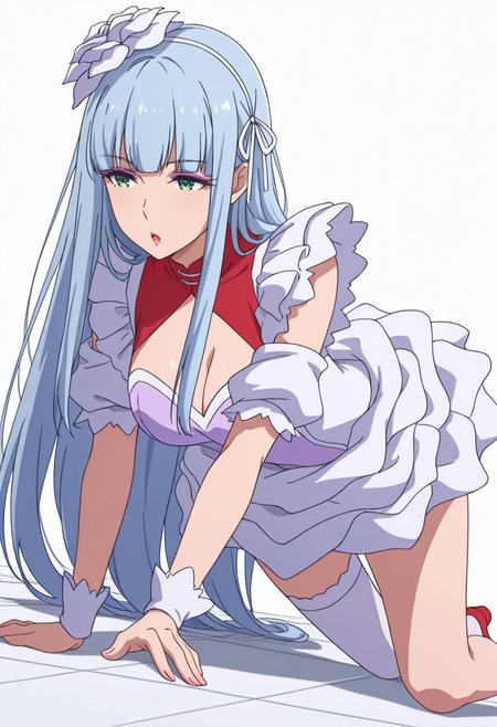 Smooth Quality,masterpiece,very intricate, high quality details, ultra realistic, high detailed skin,detailed enviorement,absurdres,
 <lora:Manami_Supernova_CNR:0.8> manami_cnr, 1girl,blue hair, long hair, blunt bangs, green eyes, makeup, lipstick,white flower,hair flower, hair ornament,dress, white dress,  leotard, skirt,maid headdress, short sleeves, puffy sleeves, single thighhigh, red shoes,white ribbon,clothing cutout, cleavage cutout,, simple background, white background, dutch angle,solo,
lying on side, top leg bent forward, arm stretched along floor  ,, :o,