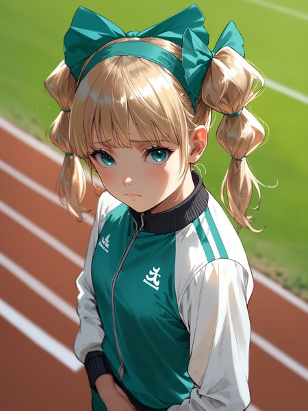 <lora:happy_tentacle-ibaramegumu-v0.1-000010:1>, ht_ibaramegumu, hair bow, , blonde hair, aqua eyes , sad, outdoors, track uniform, track and field, headband cowboy shot, 1girl, (petite:1.2), solo focus, (looking at viewer:1.1), sidelighting, (depth of field:0.8), from above, [(realistic, photorealistic:1.2):(realistic:1.3):22], [(3d:1.2)::10], <lora:LUUNA's Lunas-NijiJourney-SDXL-B2:0.6>, nijijourney, <lora:prgfrg23's Counterfeit-V3.0 Style SDXL_LoRA_Pony Diffusion V6 XL:0.3> <lora:Shed_The_Skin's StS_age_slider_v1_initial_release:-1>, score_9, score_8_up, score_7_up, score_6_up, score_5_up, score_4_up