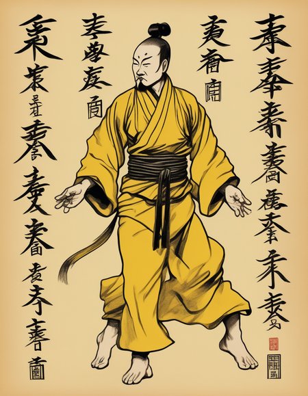 A photorealistic image of an illustration featuring a male figure in a traditional Taoist robe, striking a martial arts pose. The man should appear focused and powerful, with fluid lines and dynamic movement capturing the essence of the martial art form. The illustration should be printed on yellow paper that has an aged, weathered look to give it an antique feel. Chinese characters should be written all around the figure, filling the paper. These characters can be quotes, sayings, or descriptions related to martial arts or Taoist philosophy. The paper should have visible signs of wear and tear, like creases, stains, and slightly torn edges, to enhance the aged appearance.
 <lora:cnrune:0.46>,