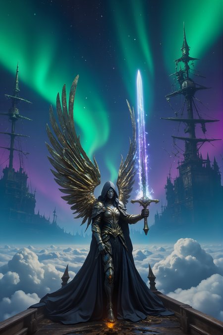 On the deck of a colossal airship soaring through a sky filled with vibrant auroras, a cloaked figure with glowing, mechanical wings stands at the bow, her face hidden beneath a mask of polished brass. Her fingers, covered in intricate metal gauntlets, grip the hilt of a glowing sword that hums with an otherworldly energy. Behind her, the shipâs massive sails ripple in the wind, glowing faintly with the same energy that powers the sword, casting long, ethereal shadows across the deck. The sky around the ship is alive with swirling colors, as bands of green, purple, and blue auroras dance across the heavens, illuminating the clouds below with their vibrant light. The air is crisp and electric, filled with the hum of the shipâs engines and the faint crackle of magic that courses through the shipâs core. High above, massive, floating islands drift lazily through the aurora-filled sky, their surfaces dotted with strange, towering structures. The figureâs glowing, silver eyes scan the horizon, searching for something just beyond the edge of the visible world. The scene is one of quiet anticipation, where magic, technology, and the wonders of the sky merge into one breathtaking moment.  Fantastic lighting. Detailed shadows.intricate details, vivid colors, hyper-detailed, ultra-sharp <lora:- Flux1 - soothing_atmo_V2.0:0.35><lora:Movie_Portrait:0.45><lora:KB_AgfaCA20_FLUX:0.45><lora:- Flux1 - vanta_black_V2.0:0.3><lora:Dark_Knights_Flux:0.4><lora:Hong Kong action cinema style v1:0.65><lora:FluxFantasyKnightV2Test:0.35><lora:ck-holographic-glitter-000015:0.7>
