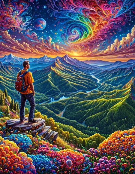 Masterpiece psychedelicv2lora, colorful, scenery, mountain overlook, 1man, portrait . Exquisite detail, flawless composition, high-resolution, stunning quality