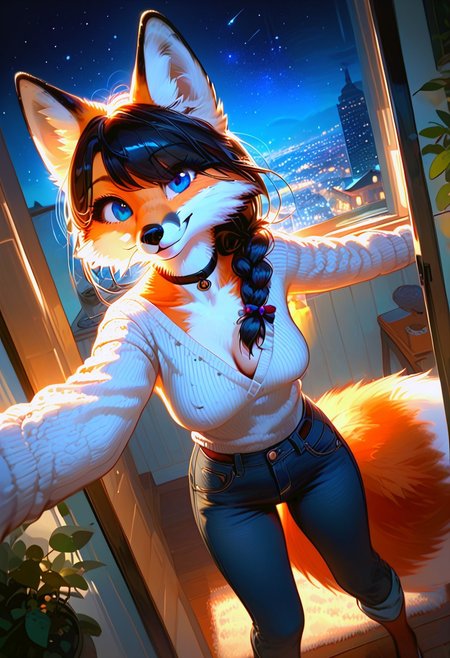 score_9, score_8_up, score_7_up, braided black hair, anthro fox female,foxfolk,perfecteyes,blue eyes, one eye covered by hair, open chest, medium breasts, down blouse,black choker, black knittet sweater,over sized sweater, tights, jeans,from above, selfie, looking at viewer,dutch angle, perfect quality, high quality,  at night ,cosy athmosphere, expressiveH