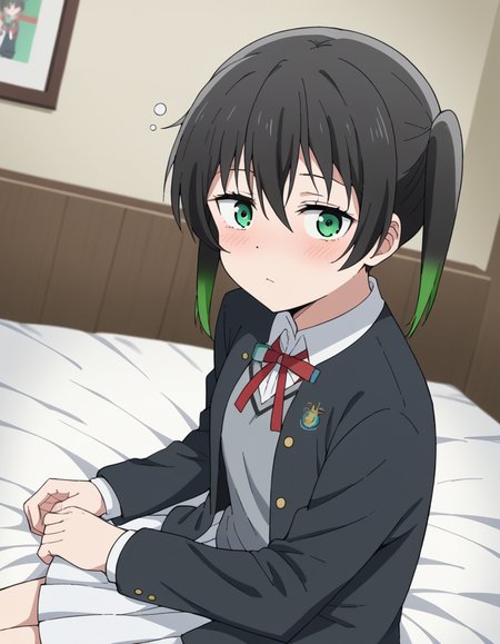 score_9, score_8_up, score_7_up, source_anime, <lora:yuu-takasaki-s2-ponyxl-lora-nochekaiser:1>, yuu takasaki, bangs, black hair, hair between eyes, twintails, green eyes, multicolored hair, green hair, medium hair, two-tone hair, gradient hair,, skirt, long sleeves, school uniform, jacket, red ribbon, black jacket, blazer, nijigasaki academy school uniform, white skirt,, indoors, bed, bed room, on side, blush, drunk, looking at viewer, solo,, cowboy shot, dutch angle