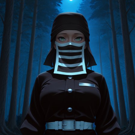 <lora:Kakushi_Illustrious:1> masterpiece, best quality, newest, absurdres, highres, outdoors, night, dark, 1girl, solo, dskakushi, black headwear, mouth mask, demon slayer uniform, green eyes, looking at viewer, forest, tree, moonlight,  <lora:serge3dx:0.8> serge3dx, realistic, photorealistic