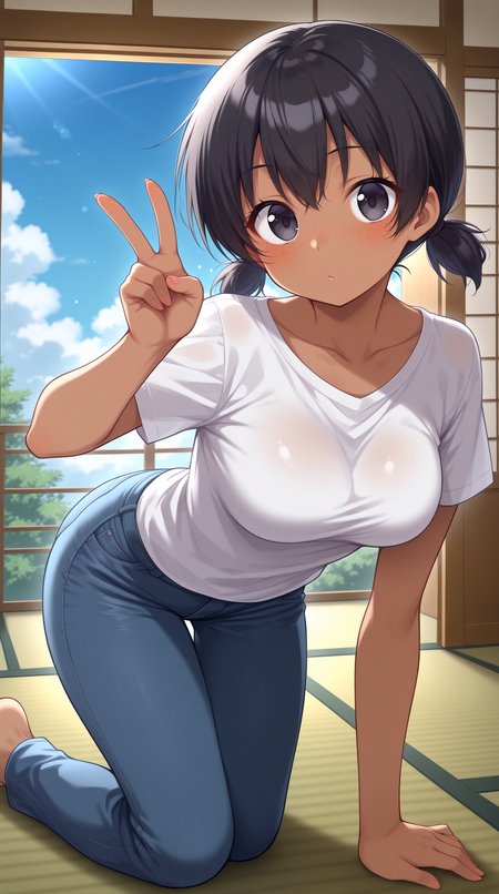 masterpiece, best quality, amazing quality, very aesthetic,  absurdres, best quality, 4k, upscale,  kotone, 1girl, solo, freckles, pants, shirt, denim, black hair, short twintails, twintails, jeans, white shirt, looking at viewer, black eyes, short sleeves, dark-skinned female, tatami, low twintails,  t-shirt, indoors, dynamic pose,  v, short hair, cloud, breasts, closed mouth, sky, shouji, collarbone, blush  <lora:Kotone_IL:0.8>
