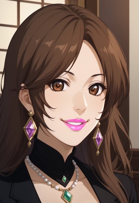 score_9, score_8_up, score_7_up, Expressiveh, detailed face, perfect face, detailed eyes, (pink lipstick:1.5)
tsubaki sawabe, (very long hair:1), bangs, brown hair, brown eyes, (japsale:2), jewelry, (necklace:1.5), (long earrings:1.5), (large breasts:1.5)
In a dimly lit, opulent jewelry store nestled within the heart of Tokyo, the camera focuses on a woman with cascading black dresses and a radiant smile that lights up her face. Her eyes sparkle with a captivating grin as she stands before an exquisite display of diamonds, her elegant form clad in tailored black pants and a sleek blouse, the spotlight casting a dramatic contrast between her and the glistening jewels behind her. The camera angle slightly elevated from the ground, emphasizing tsubaki's allure as she invites viewers to join her in a tantalizing exploration of luxury and fashion.