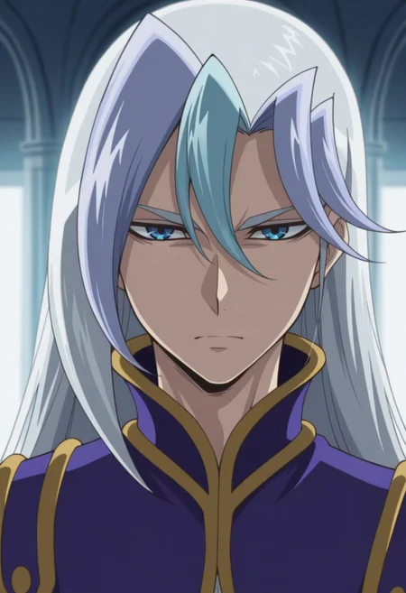 masterpiece,best quality,amazing quality, source_anime, 
chrisArclight, 1boy, male focus, solo, blue eyes, multicolored hair, grey hair, blue hair, long hair, coat, purple coat,  portrait,
