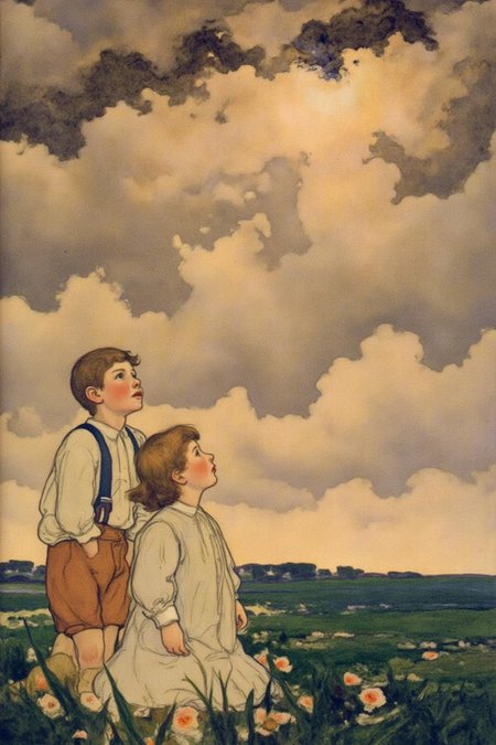 shippengreen1 illustration.
Two children, a boy and a girl, standing outdoors, looking up at the sky.
The scene is set in a vast, open field under a dramatic, cloudy sky with a mix of light and dark clouds.
 <lora:shippengreen1_cap_d6a3:1.0><lora:837335000266327562:0>