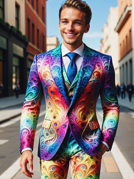 man wearing a colorful  mad-frctl suit walking through a city,  light smile <lora:Colorful_Fractal_SDXL:0.8>, (masterpiece:1.2), best quality