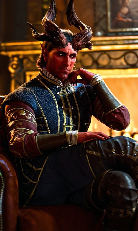 score_9, score_8_up, score_7_up,  BREAK 1boy, solo,  photorealistic, realistic, photo, film grain, male focus, short hair, black hair, colored sclera, black sclera, demon boy, demon horns, multiple horns,  mature male, ruff (clothing), formal, frills, v-neck,  BREAK dark, indoors, fantasy, fireplace, sitting, crossed legs, raphael \(bg3\),   <lora:bg3_raphael-000009:0.9>