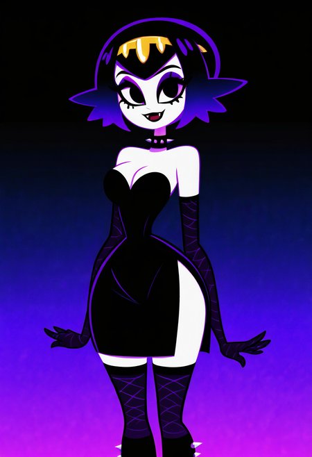 (masterpiece, best quality, good quality, very aesthetic, absurdres, newest:1.2),    medium breasts, (curvy),   BREAK, zzLana, yellow hairpiece, <lora:LanaPokemon_NAI:1.0>, two-tone hair, purple hair, makeup, eyeshadow, black lips, dress, black boots, knee boots, spikes, spiked collar, gothic,smile, looking at viewer, cowboy shot,  <lora:VampieNAI:1.0>,