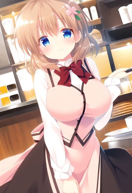 score_9, score_8_up, score_7_up, source_anime, best quality, masterpiece, BREAK, 
mitsumomo style, 
1girl, ctiank0k0a, (large breasts), blue eyes, light brown hair, medium hair, light brown hair, cherry-blossom hair ornaments, 
barista, dress shirt, long sleeves, pink vest, black skirt, long skirt, bowtie, 
smile, (strike a pose:1.3), head tilt, 
angle:random, 
cafe, warm light, sunlight,