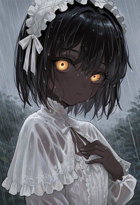 masterwork, perfect quality , amazing quality, absurdres, newest, hyper detailed, detailed, masterpiece, highly detailed, best quality, absolutely eye-catching, 1girl, solo, theprincess, dark-skinned female, very dark skin, black hair, short hair, yellow eyes, petite, flat chest, maid headdress, frilled hairband, white dress, long sleeves, capelet, white bow, glowing eyes, portrait, face focus, close-up, rain, wet, soaked, wet hair, glossy skin, shiny skin, looking at viewer <lora:theprincess-illust:1> <lora:NOOB_vp1_detailer_by_volnovik_v1:0.3> <lora:spo_sdxl_10ep_4k-data_lora_webui:0.6> <lora:748cmSDXL:0.3> <lora:mon_monmon2133:0.4> <lora:noobai_vpred_1_masterpieces_v23:0.5>