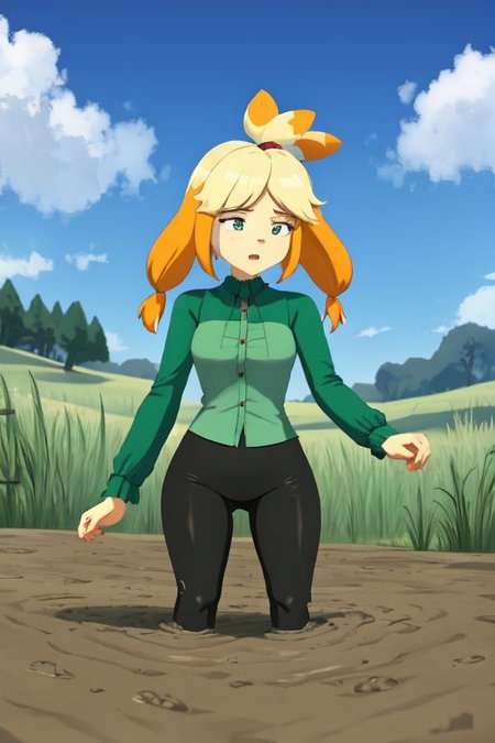 isabelle \(animal crossing\), (masterpiece, best quality:1.15), 1girl, solo, large breasts, high cheekbones, thick eyebrows, small mouth, looking to the side, leaning forward, adjusting clothes, tight leggings, green crop top shirt, starry nights, long hair, twin short braids, scared, partially submerged, struggling, farmland bog, hand stuck in mud