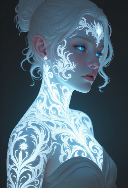 an alabaster Valkyrie with bioluminescent tattoos of bio ink , split diopter, over-the-shoulder shot, Rembrandt lighting, low angle shot, extreme close-up shot