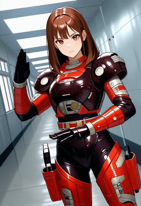 1girl, solo, R3ddle, armor, bodysuit, shoulder pad, gloves, belt, holster, brown hair, brown eyes, cowboy shot, dutch angle, looking at viewer, shiny clothes, fighting stance,
indoors, hallway, metal wall,
best quality, very aesthetic, masterpiece,