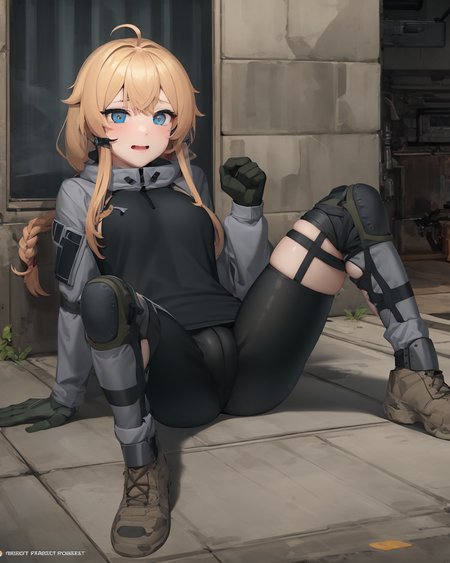 (extremely detailed CG unity 8k wallpaper),(masterpiece), (best quality), (ultra-detailed), (best illustration),(best shadow), (sharp eyeliner, eyeshadow, detailed eyes:1.1),
,BREAK
 whiskeyproject, bike shorts, blue eyes, tactical clothes, knee pads, 
<lora:WhiskeyProject:1>