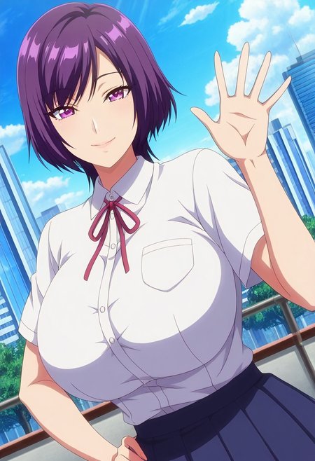 general,highres, ultra-detailed,very aesthetic,best quality ,best hands,best eyes,easynegative,
dynamic anglre, dutch angle, anime cloring,anime screencap,
1girl solo,looking at viewer,,city,smile, waving hand, hand on hip, 
Lili Manabe,purple hair,purple eyes,short hair,huge breasts,school uniform,