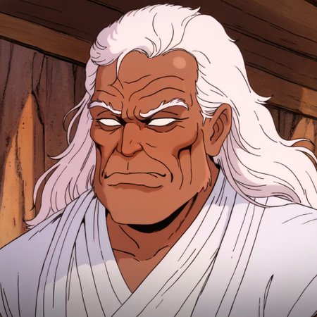 masterpiece, best quality, newest, absurdres, highres, 
X-1990STV1.0, 
1boy, dark skin, dark skinned male, white hair, long beard, long hair, monk, white robe, white eyes, blind eyes, wrinkles, wrinkled face, wrinkled, wrikly, old, mature, old man