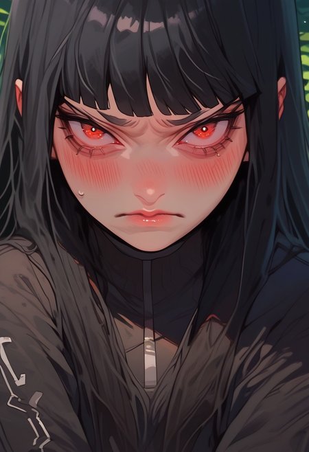 score_9, score_8_up, score_7_up, y0tt4, 1girl, solo,  
tokismtiva, long hair, black hair, blunt bangs, red eyes, bodysuit, blush, embarrassed