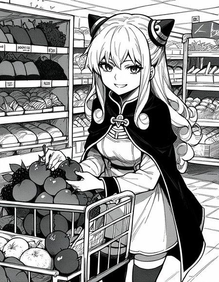 score_9, score_8_up, score_7_up, source_anime, <lora:ashe-talton-manga-ponyxl-lora-nochekaiser:1>, rengoku ashe, long hair, greyscale, monochrome,, thighhighs, long sleeves, capelet, cape, dress, white dress,, grocery store, shopping cart, picking fruits, everyday life,, smile, looking at viewer, solo,, cowboy shot, dutch angle