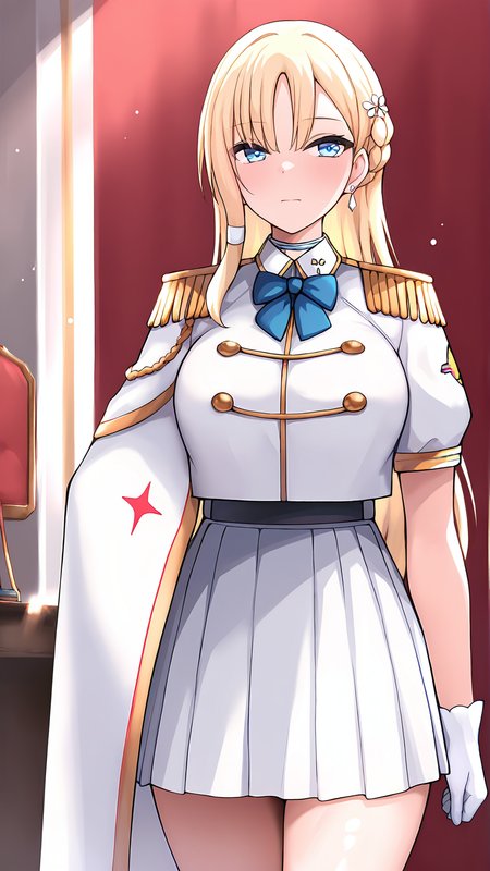 amazing quality,absurdres,best quality,masterpiece,highres,newest,detailed,detailed body,detailed face,masterpiece,best quality,solo,
ImperialHaremèå®å¨,1girl,solo,white gloves,blonde hair,long hair,epaulettes,blue eyes,white pleated skirt,jewelry,braid,earrings,short sleeves,blue bowtie,hair ornament,
<lora:ImperialHaremèå®å¨:0.8>,
