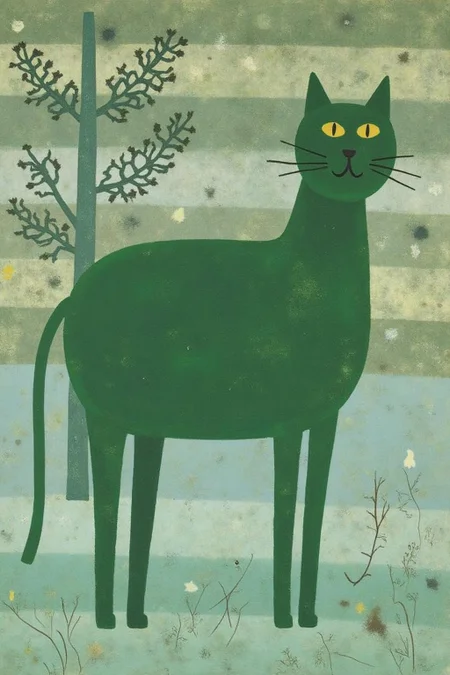 dorislee1 painting.
A large cat stands in the center. The cat is dark green with an elongated body and legs. Its head is slightly turned to the right, and it has two small, bright yellow eyes.
 <lora:dorislee1_cap_d6a3:1.0><lora:834816667667311302:0>